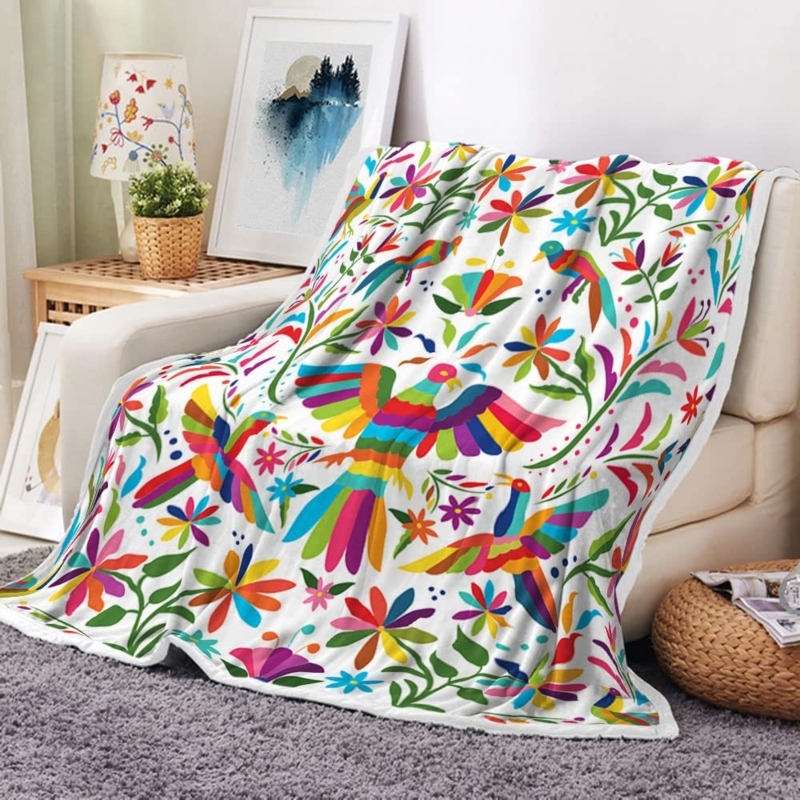 Mexican Otomi Style Throw Blanket with Colorful Floral Bird Print & Fringe