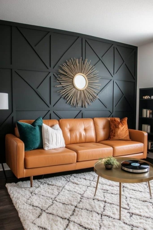 Mid-Century Console Table Entryway with Black Slat Accent Wall