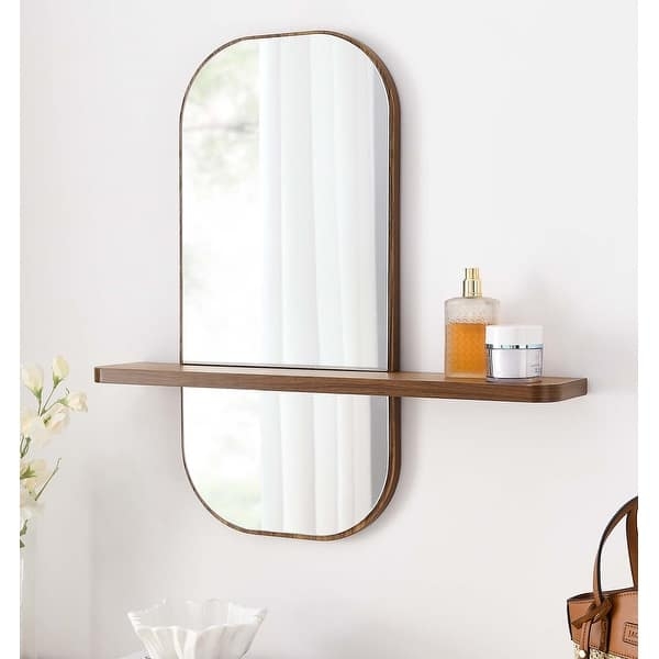 Mid Century Modern Walnut Wall Mirror with Rounded Corners and Shelf