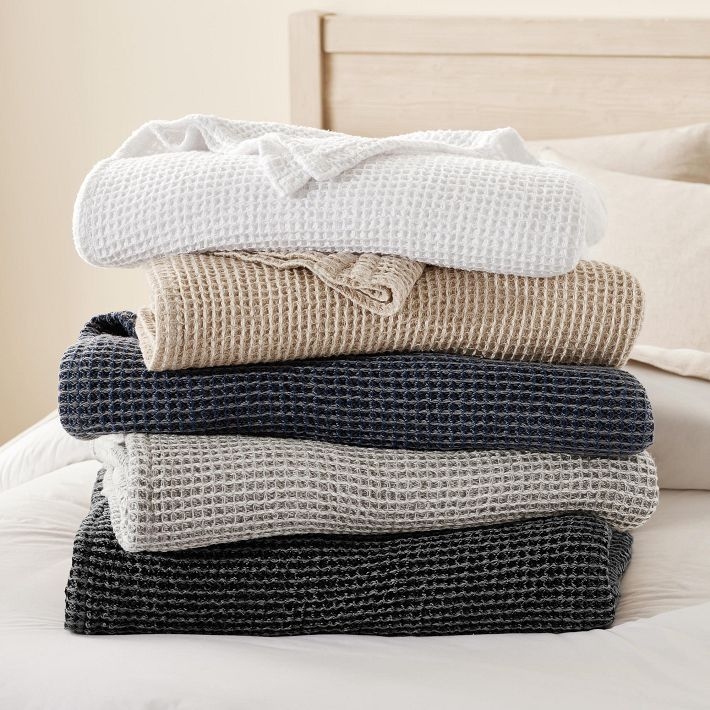 Midnight Blue Waffle Weave Blanket, Modern Minimalist Bedding