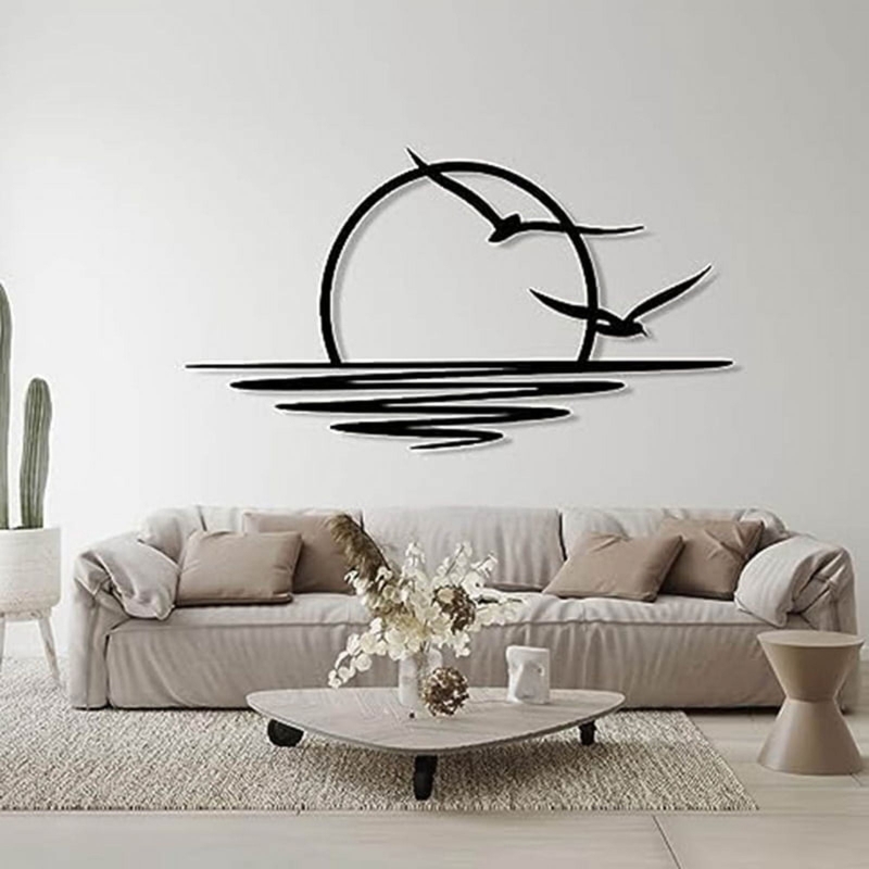 Minimalist Black Metal Wall Art: Abstract Sunrise Line Art, Circular Frame.