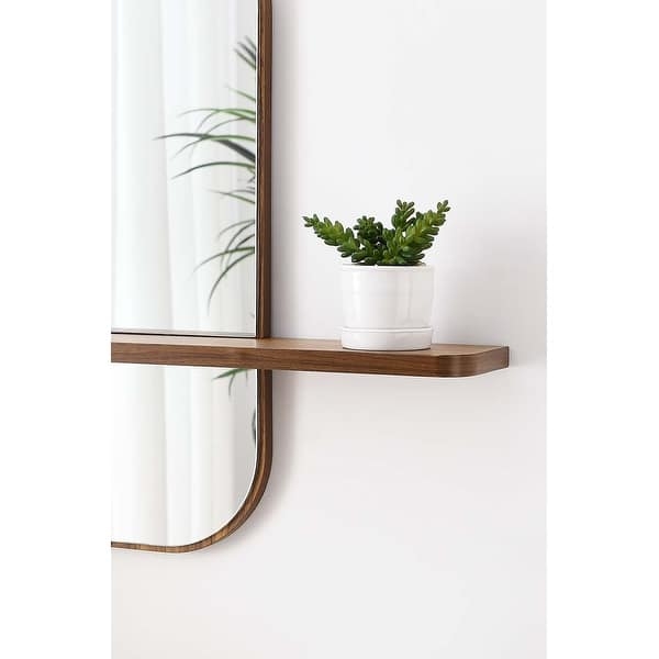 Minimalist Circular Wall Mirror with Walnut Finish Integrated Shelf