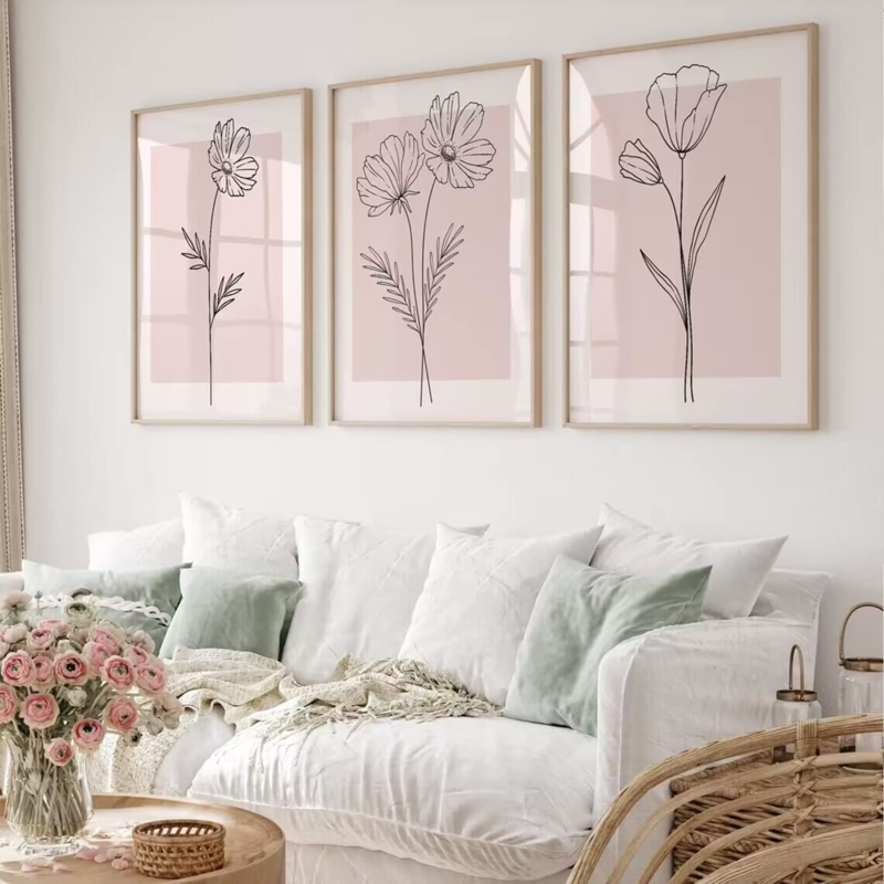 Minimalist Floral Triptych Prints Blush Pink and Beige