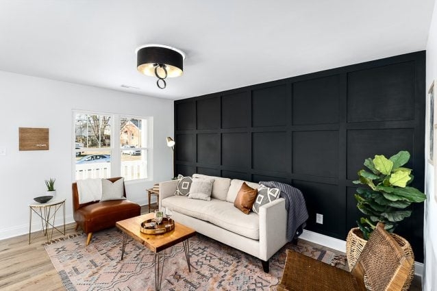 Minimalist Living Room with Gray Sectional and Vertical Wood Slats