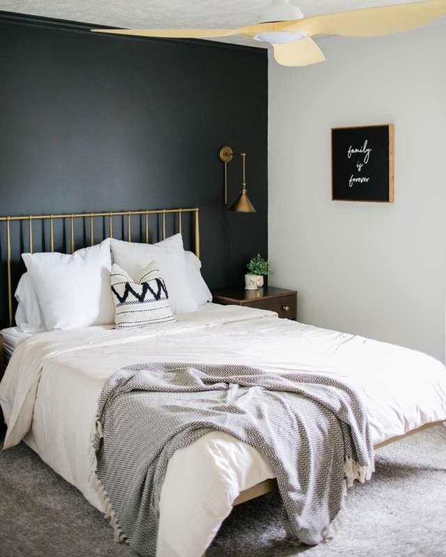 Minimalist Master Bedroom with Upholstered Bed and Abstract Art