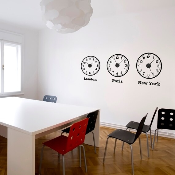 Minimalist Office Time Zone Clocks Set with Sans Serif Wall Decals