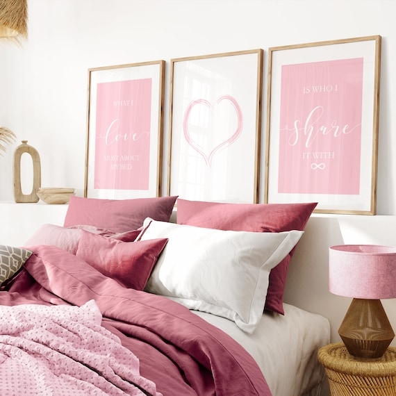 Minimalist Pink Typographic Triptych Wall Art Set Wood Frames