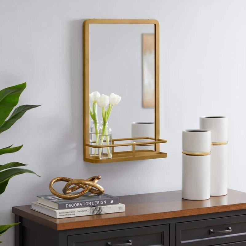 Minimalist Thin Profile Gold Rectangular Wall Mirror with Shelf