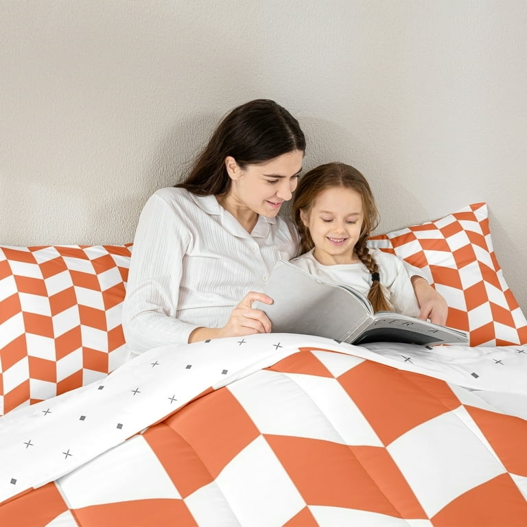 Minimalist Vibrant Orange Bedding Set Distorted Checkerboard Grid