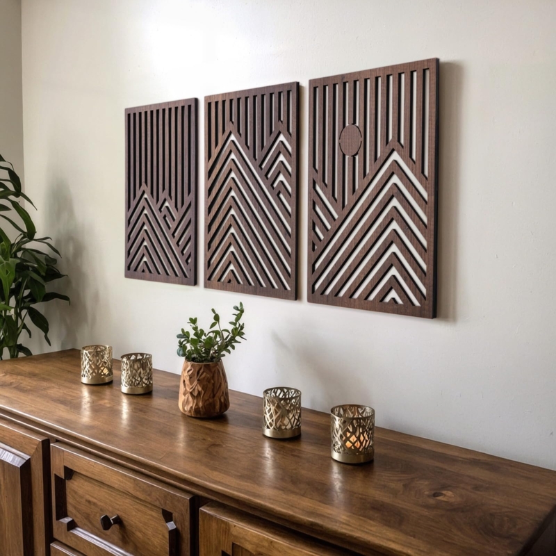 Minimalist Wood Triptych Wall Art: Laser Cut Mountain Silhouette