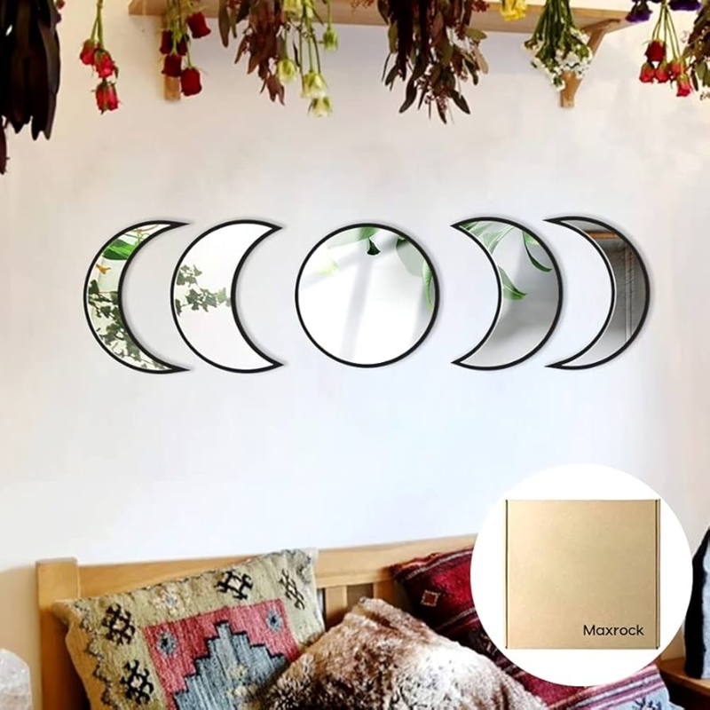 Mirror Set Moon Phase Design dark wood frames five piece bohemian style.