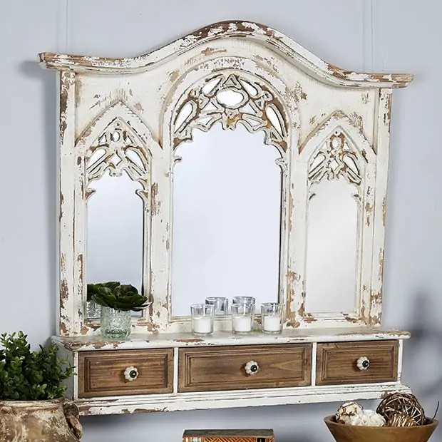 Mirror Wall Shelf Combined Design Distressed Ornate Pediment Rustic