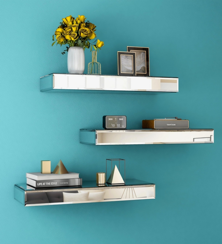 Mirrored Floating Shelf Set of 3 Beveled Glass Decor