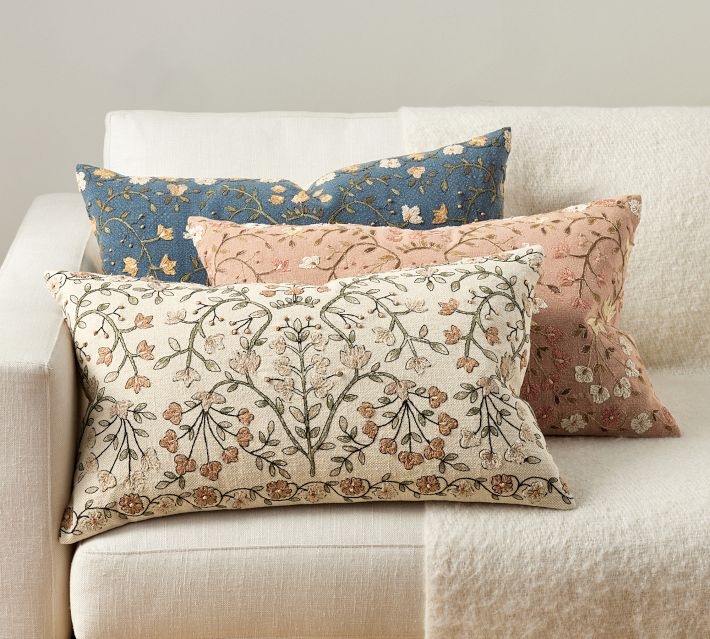 Mixed Blue Geometric Embroidered Lumbar Pillow, Cream Linen-Like, Coastal