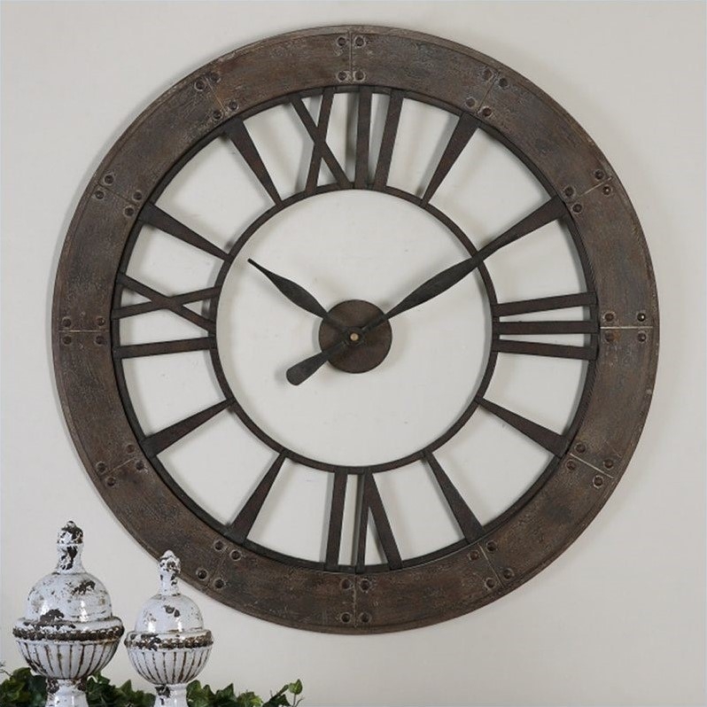 Mixed Material Wall Clock with Cutout Roman Numerals & Bronze Finish