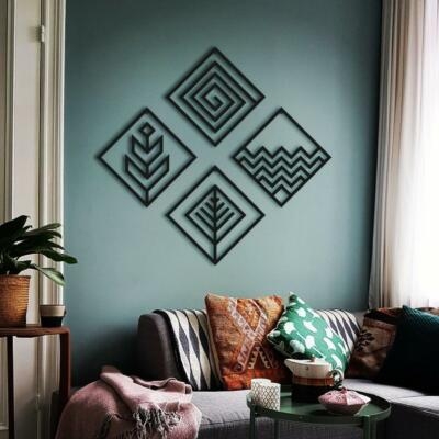 Modern Black Metal Wall Art Set of 4: Geometric Shapes