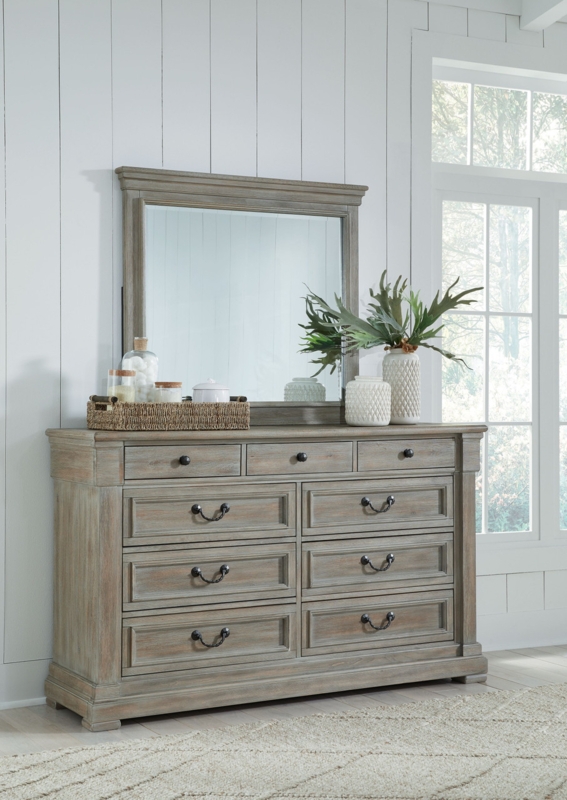 Modern Farmhouse Bedroom Dresser: Weathered Bisque & Molded Mirror
