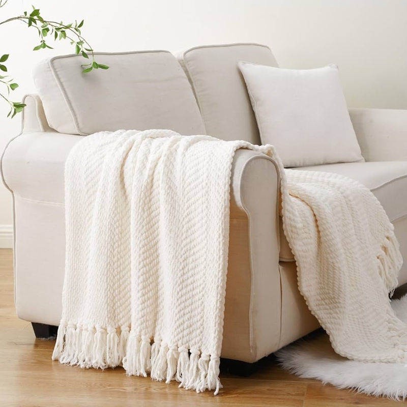 Modern Farmhouse Throw Blanket, Chunky Knit Texture with Fringed Hem