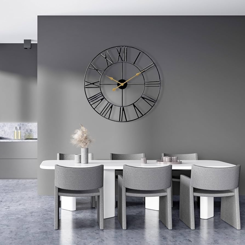 Modern Farmhouse Wall Clock Styling Oversized Black Metal Gold Hands