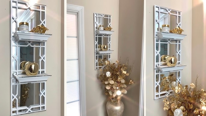 Modern Glam Black Grid Wall Shelf with Mirrored Back Compartments