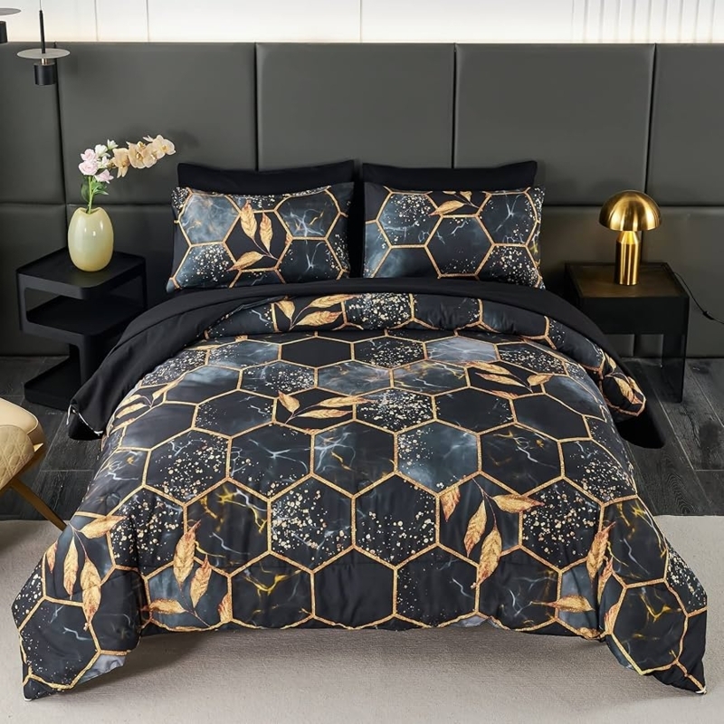 Modern Glam Comforter Set 3D Hexagon Print Gold Foil