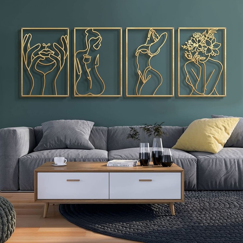 Modern Gold Metal Wall Art Set of 4: Abstract Lines