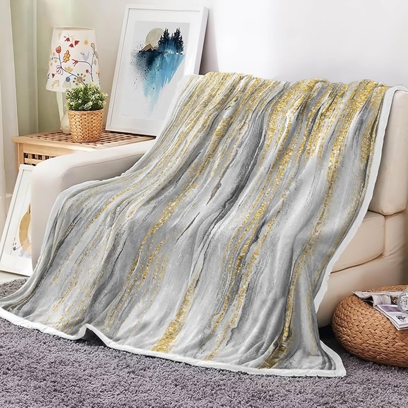 Modern Marble Throw Blanket with Charcoal and Gold Veining
