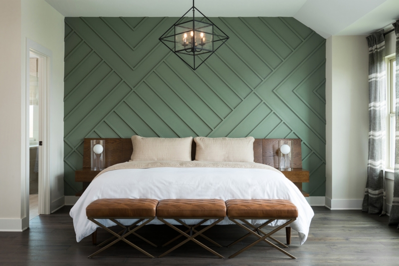 Modern Rustic Bedroom Idea: Dark Geometric Slat Accent Wall