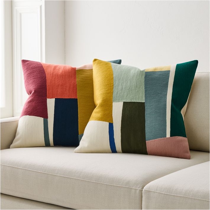 Modern Throw Pillow Mustard Yellow Crewel Embroidery Geometric Pattern
