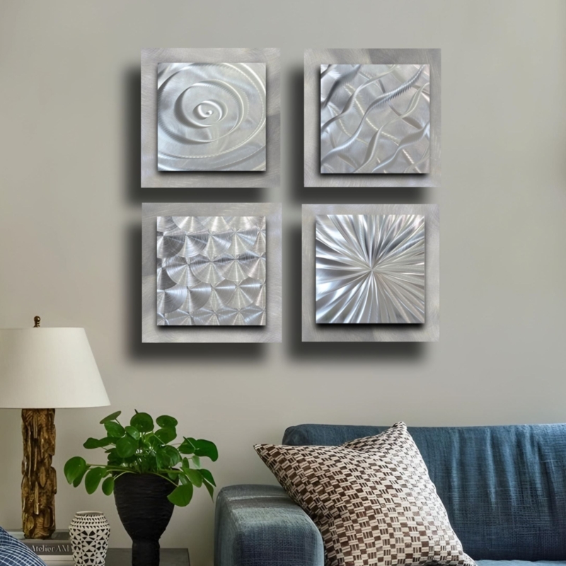 Modular Metal Wall Art Set with Metallic Grid Layout of Four Squares