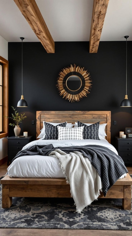 Moody Black Bedroom with Symmetrical Layout and Minimalist Line Art