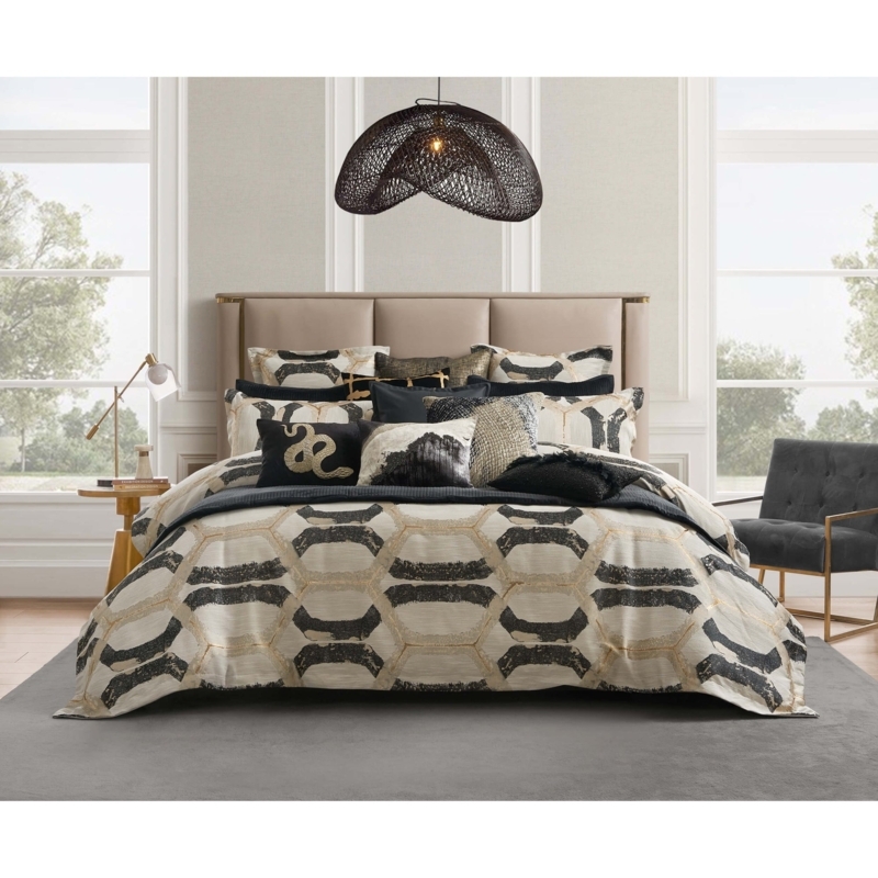 Moody Charcoal Black Duvet Cover Set Geometric Lattice Embroidery