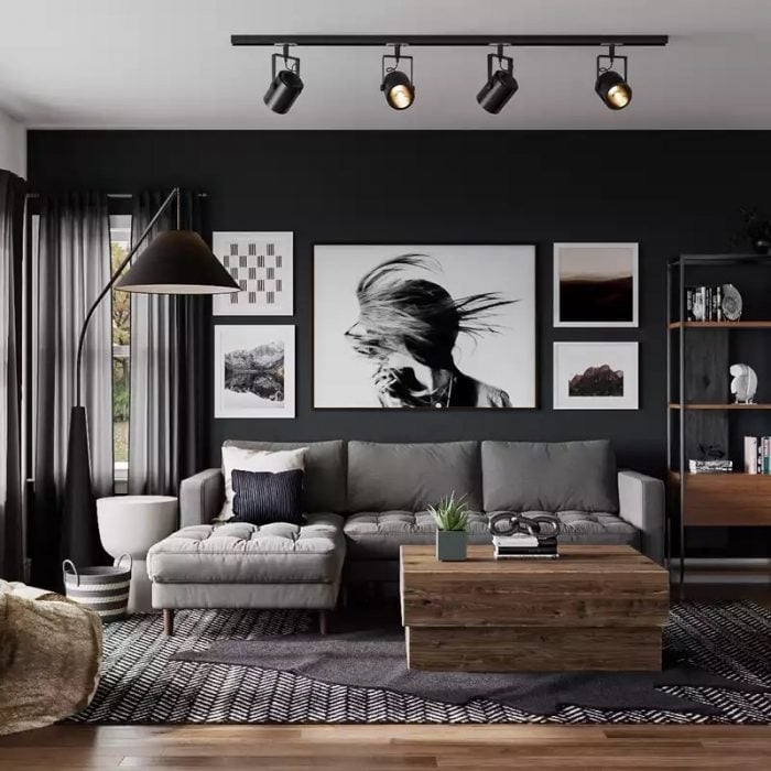 Moody Living Room Corner with Black Shiplap and Checkered Rug