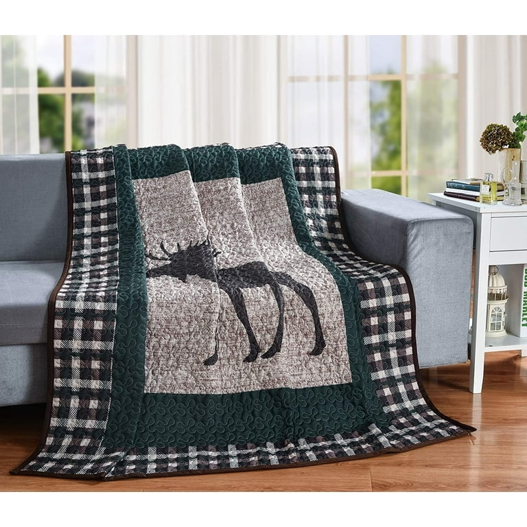 Moose Motif Patchwork Quilt Rustic Plaid Bedding