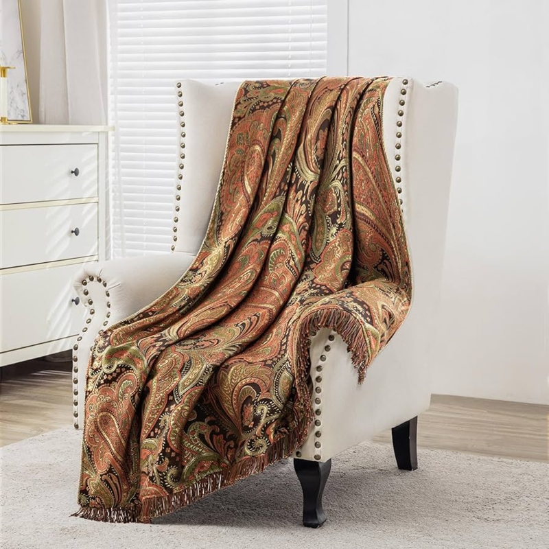 Multi-Color Paisley Throw Blanket, Braided Tassels, Vibrant Jacquard Throw