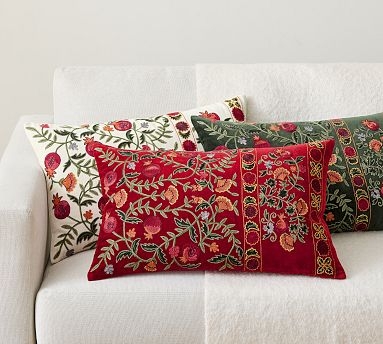 Multi-Colored Floral Embroidered Lumbar Pillow, Cream Linen-Like, Flanged