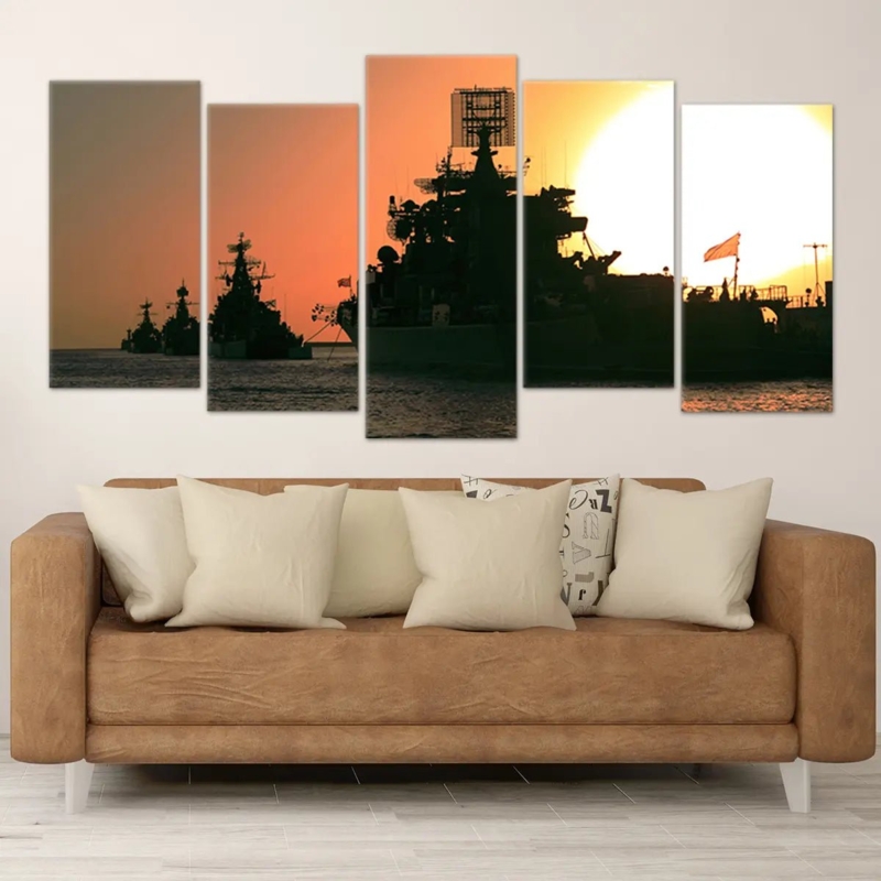 Multi-Panel Wall Art: Five Piece Sunset Naval Ship Silhouettes