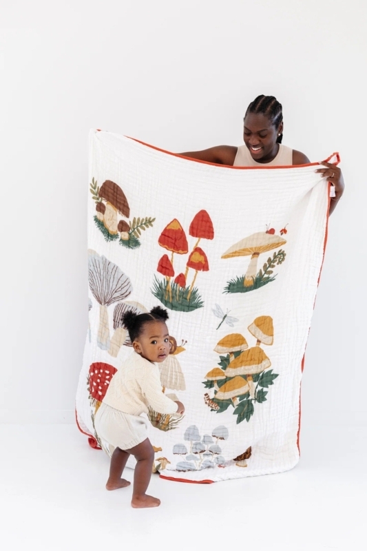 Mushroom Throw Blanket Red Cream Woven Nature Inspired Whimsical Print