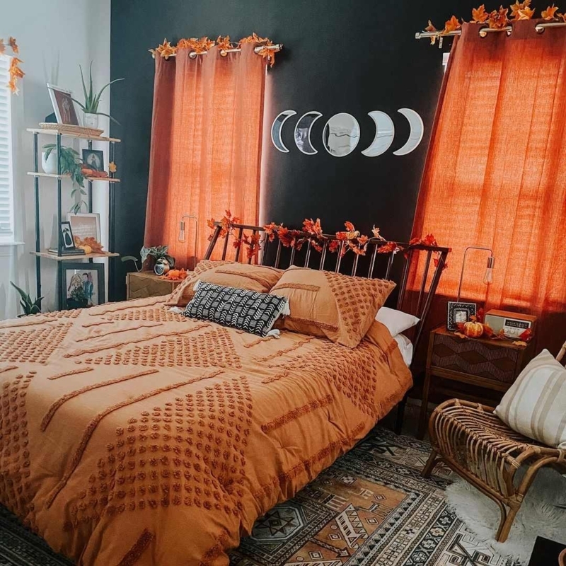 Mustard Chair in Bedroom with Black Vertical Paneled Accent Wall
