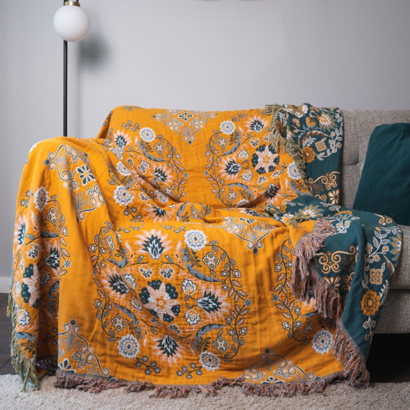 Mustard Yellow Woven Throw Blanket, Reversible Floral Nordic Tassels