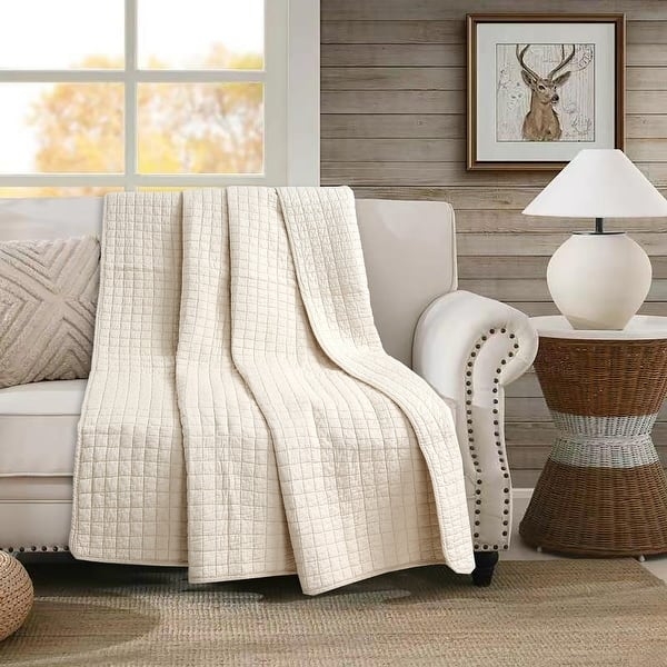 Natural Beige Box Quilted Throw Blanket, Transitional Farmhouse Style
