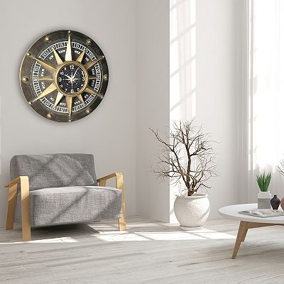 Nautical Wall Clock: Black Metal Compass Rose Motif & Open Frame