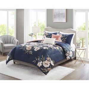 Navy and Blush Pink Large Scale Floral Comforter Set with Pillows
