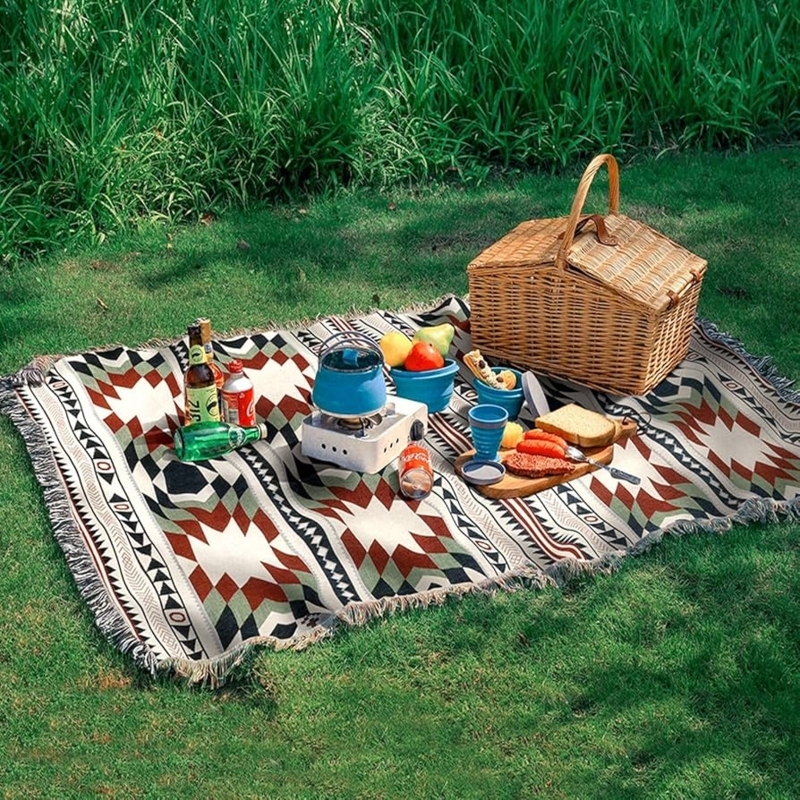 Navy and Cream Throw Blanket with Tribal Geometric Weave and Tassels