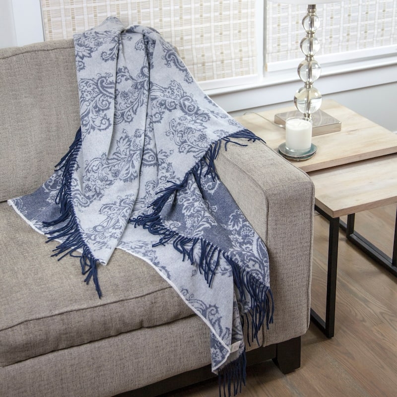 Navy and Gray Damask Throw Blanket, Lambswool Blend, Woven Wool Blend Bedding