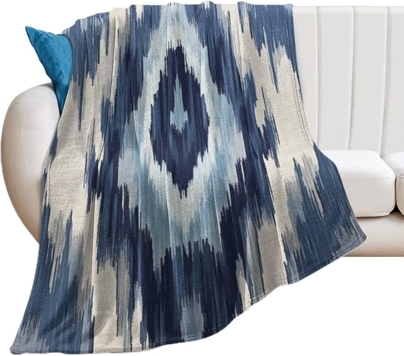 Navy and Grey Ikat Pattern Throw, Plush Fleece, Modern Bohemian