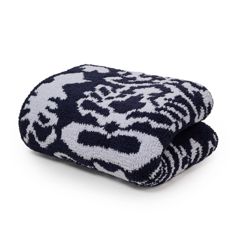 Navy and Ice Blue Damask Throw Blanket, Chenille High Pile Blanket
