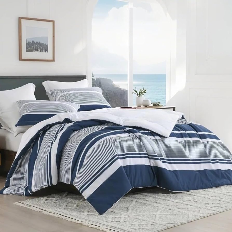 Navy and White Horizontal Stripe Bedding Set, Coastal Minimalist Style