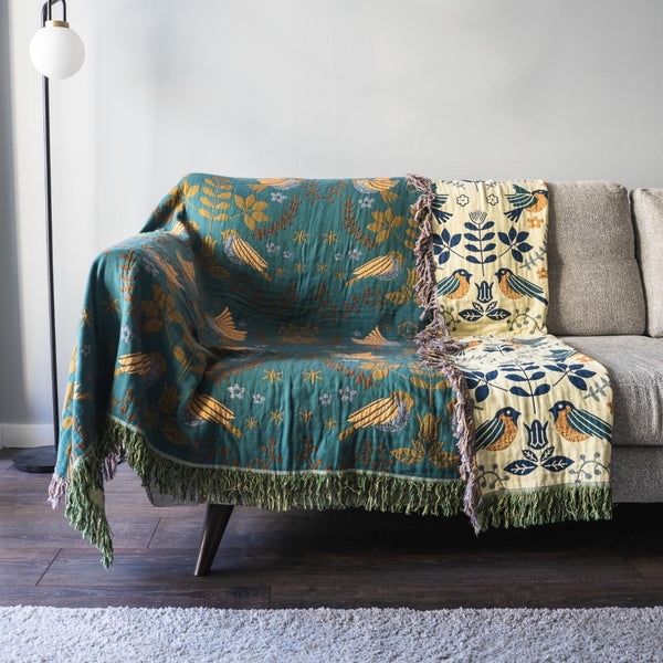 Navy and White Woven Throw, Reversible Folk Art Bird Print with Fringe