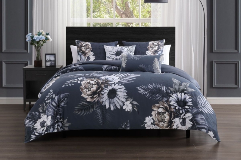 Navy and Yellow Floral Comforter Set, High Contrast Cottage Style Decor